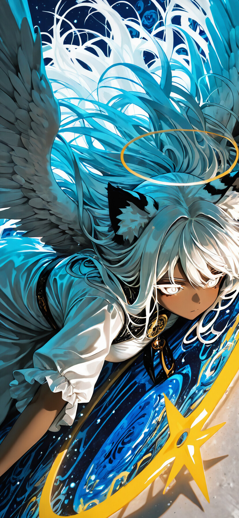 An anime-style illustration of an angelic figure with dark blue skin, long white hair, and white tiger ears. She has white feathered wings, a dripping golden halo, and glowing white eyes, and is holding a golden sun-like object.