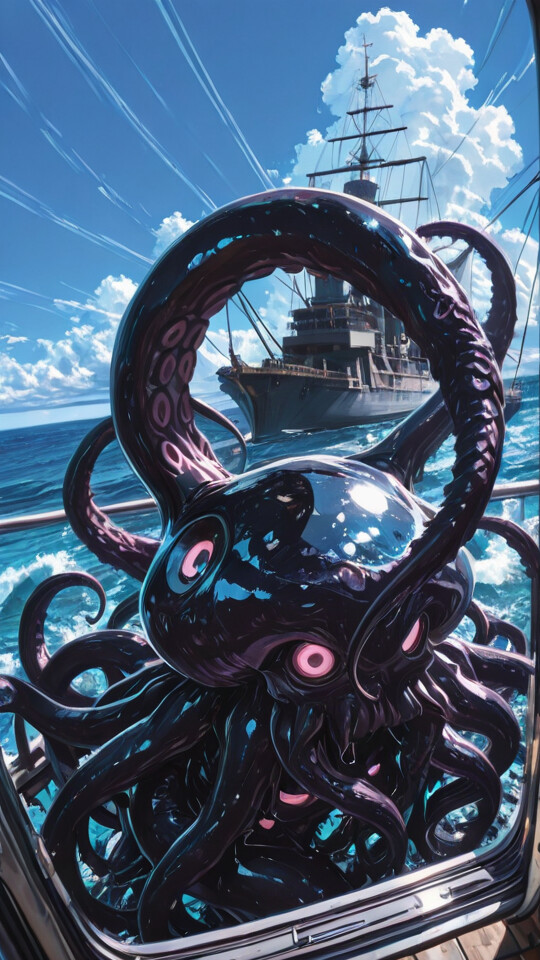 Front view of a massive ship whose bow is shaped like a giant black kraken with many glowing blue eyes and tentacles, docked at a pier under a sunny sky. A small person is about to board.