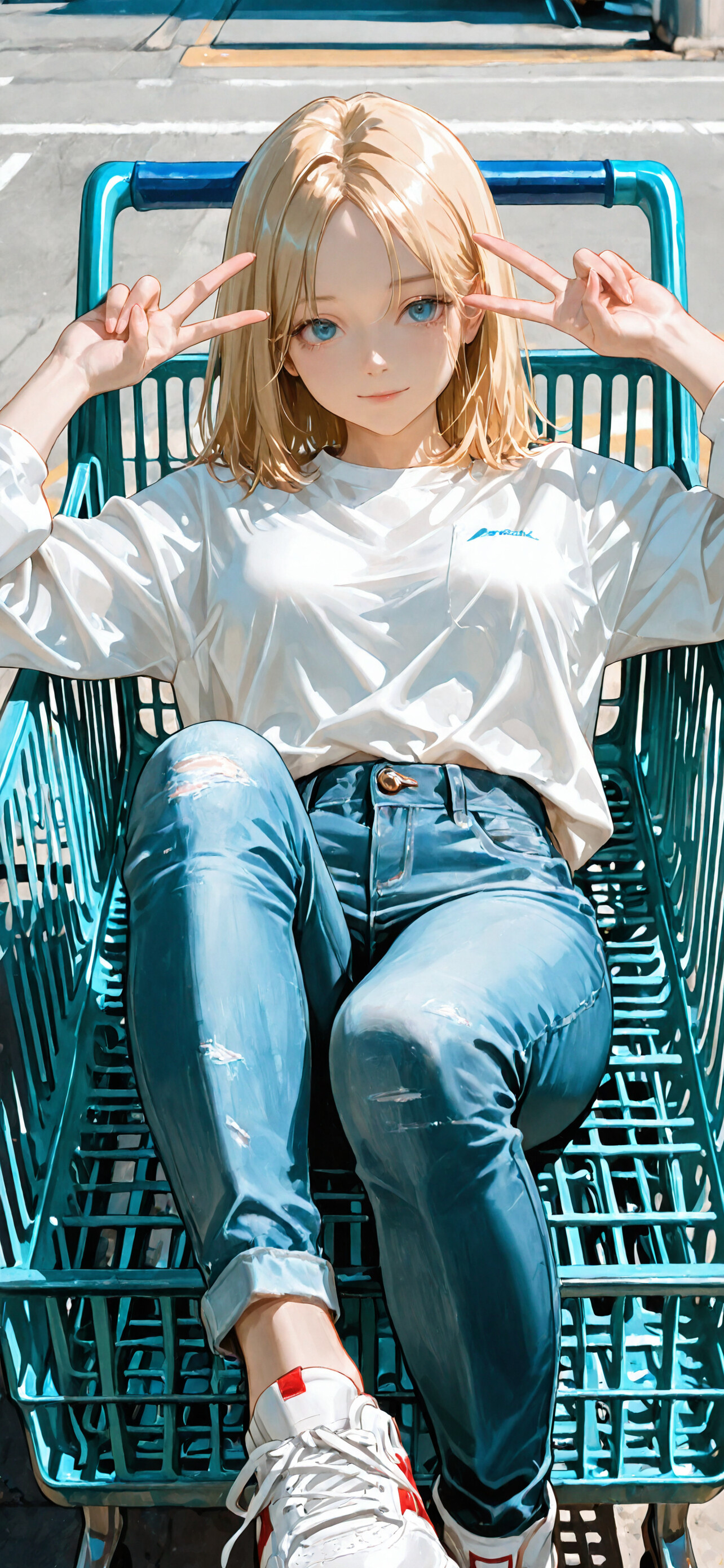An anime-style illustration of a blonde girl with blue eyes sitting in a blue shopping cart in a parking lot, smiling and making a peace sign with both hands.