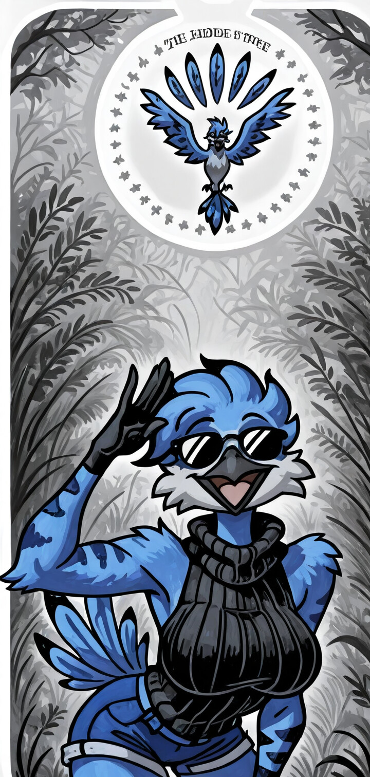 An anthropomorphic female blue jay with blue and white feathers, wearing sunglasses and a black outfit, smiles and waves in front of a grayscale forest and a stylized sun.
