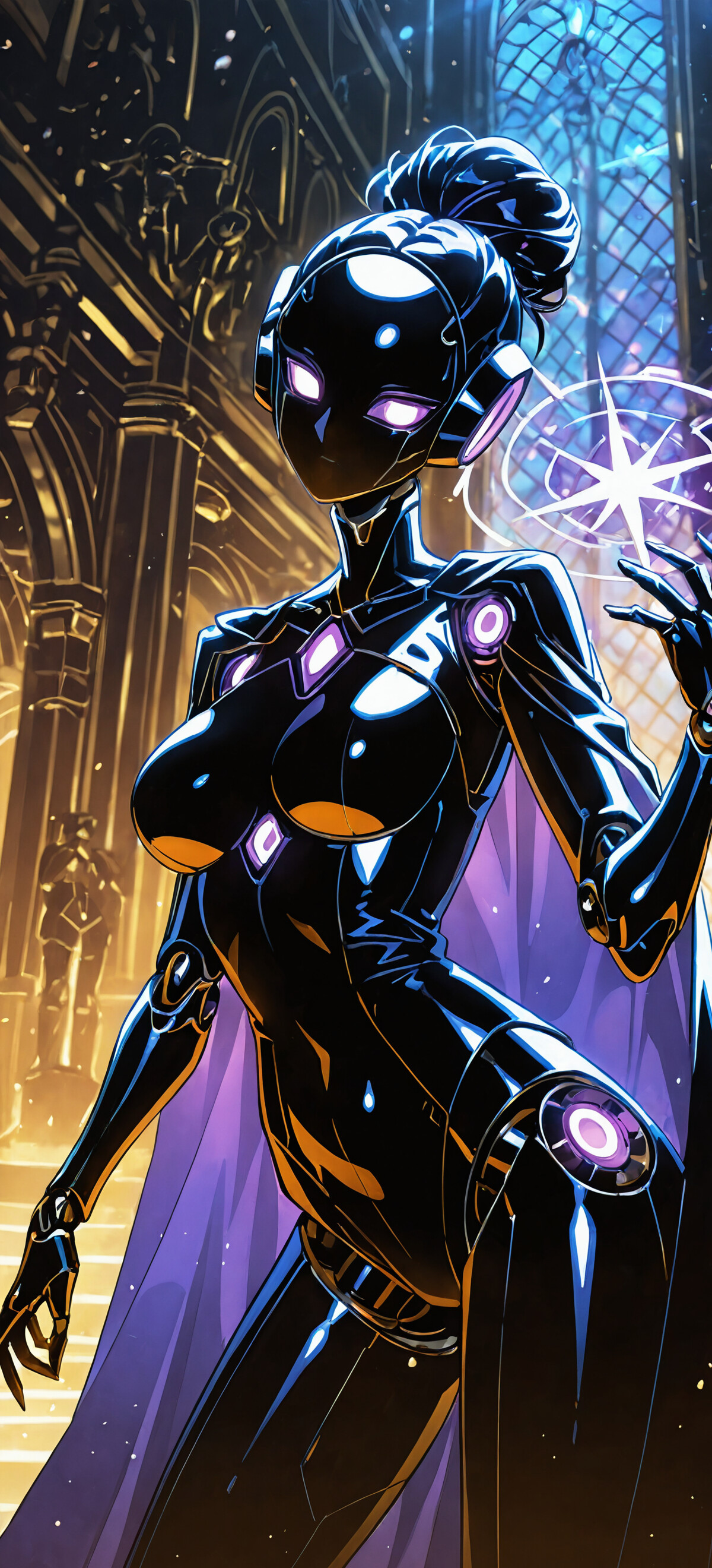 An elegant female-presenting android with a sleek black suit, a cape, and a glowing purple halo stands in a grand, dark hall filled with futuristic lights and towering golden statues.