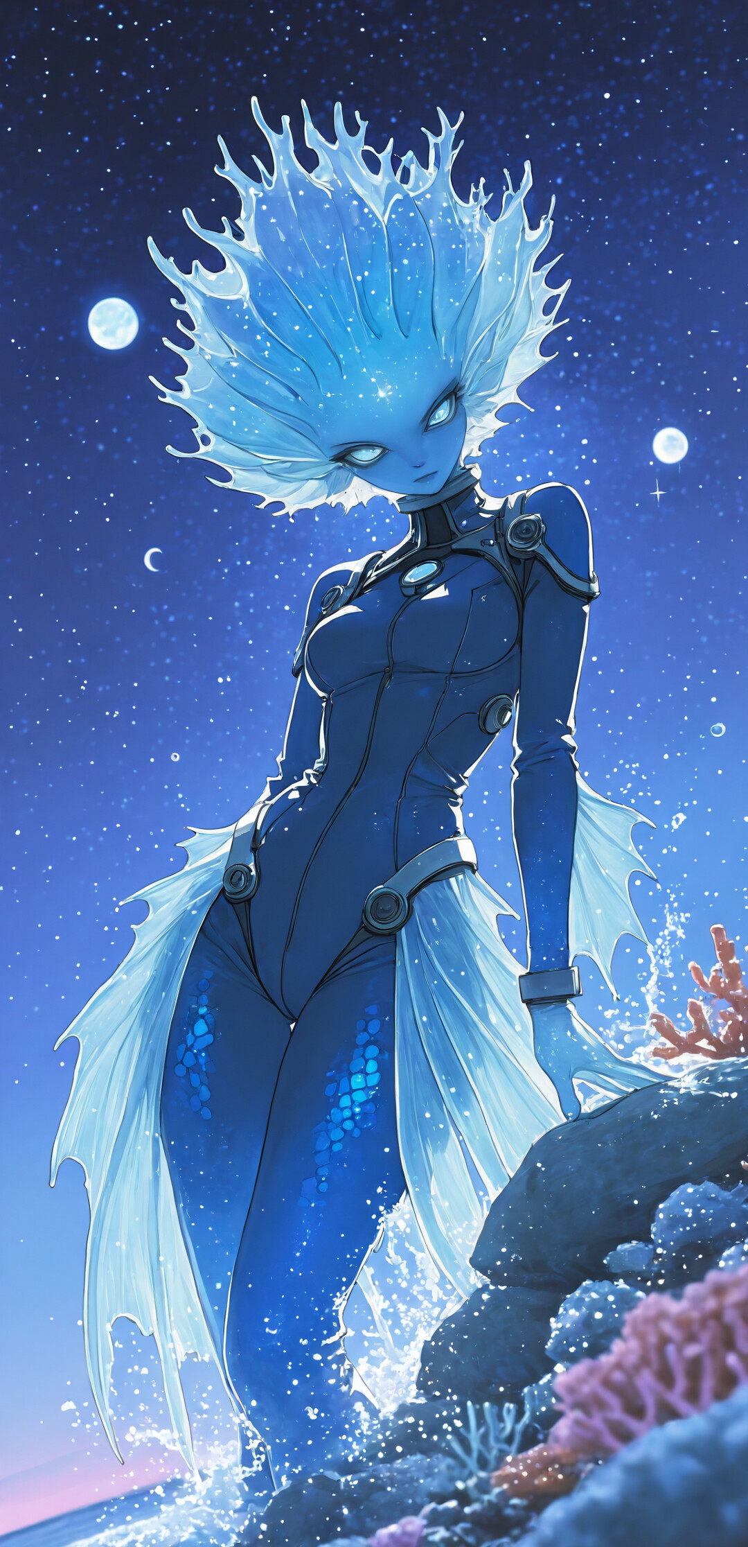 A digital illustration of a female alien water spirit with blue skin, spiky water-like hair, and large white eyes. She wears a dark blue bodysuit and is standing in the ocean at night, with a full moon and starry sky behind her.