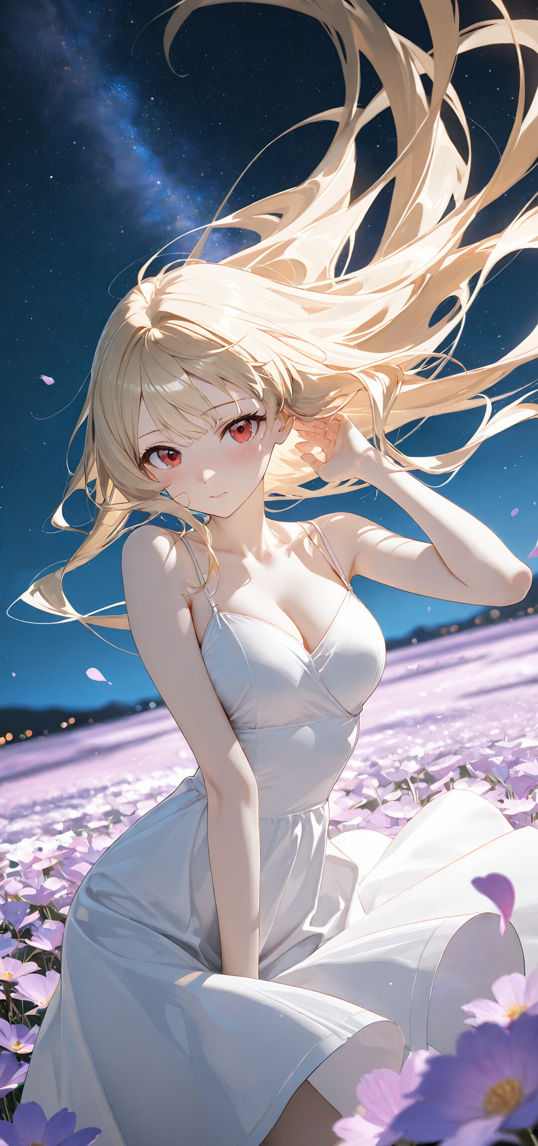 An anime girl with long blonde hair and red eyes in a white dress stands in a field of white flowers at night, with the starry sky and the Milky Way visible above her.