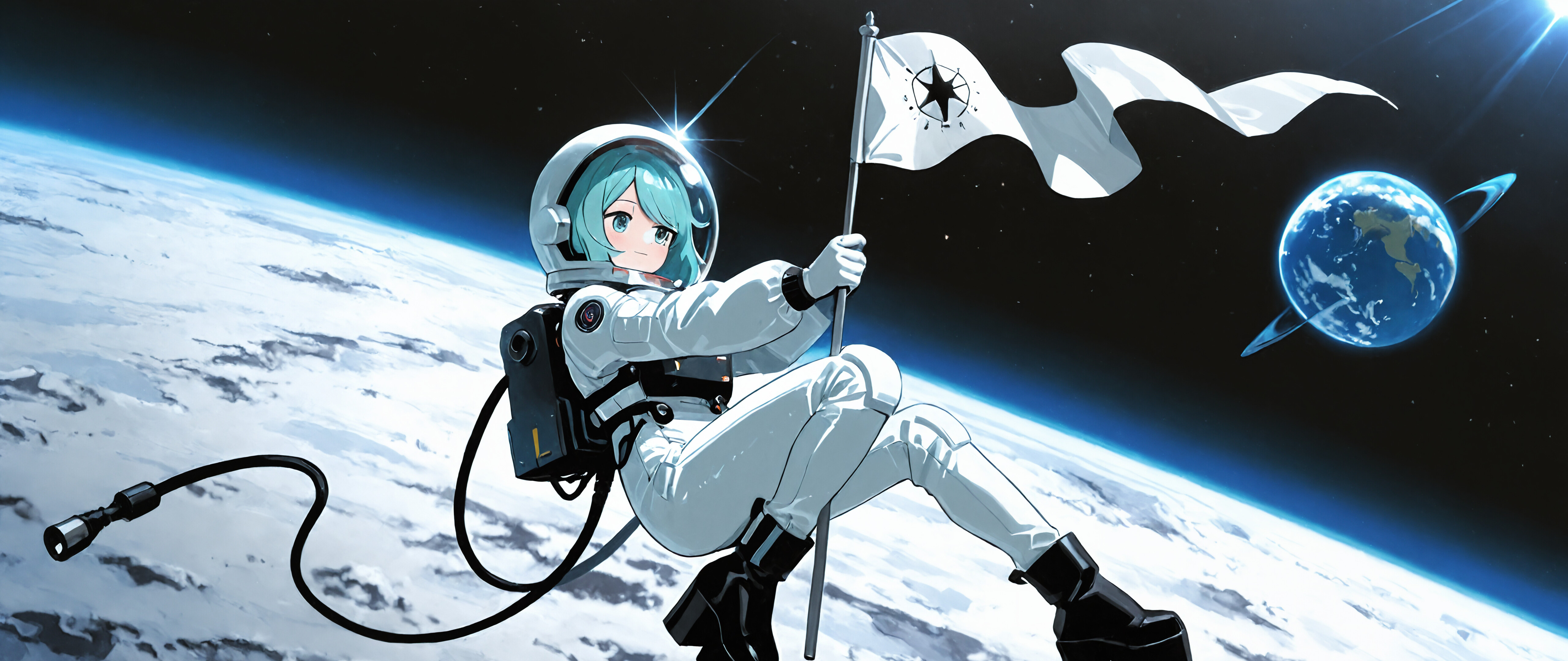 An anime girl with short aqua hair in a white spacesuit and platform boots, smiling as she floats in space above a planet, holding a blue flag with a star symbol.