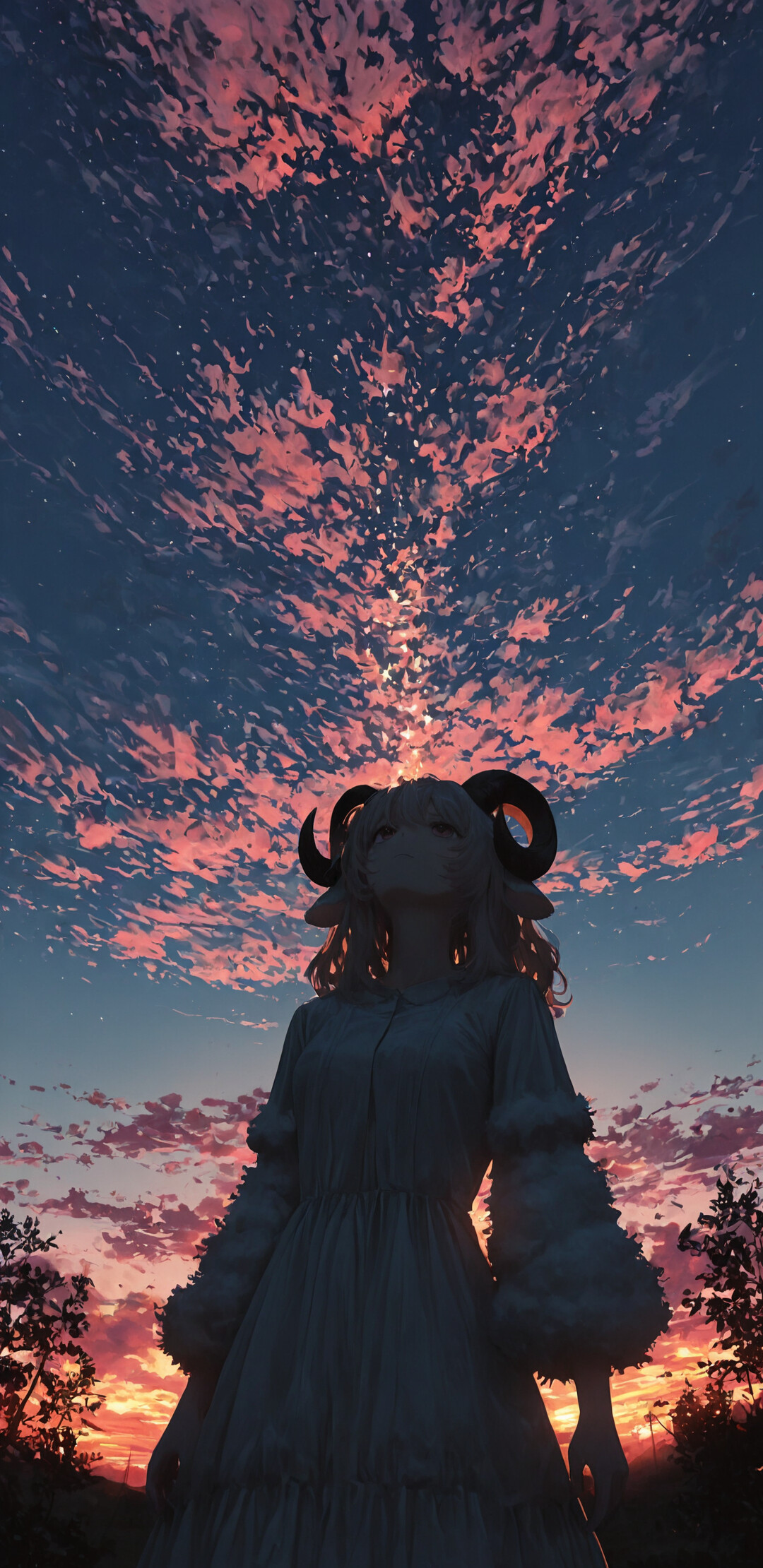 A low-angle digital illustration of a girl with dark curly hair, sheep ears, and curved horns. She is wearing a light-colored dress and standing in a field, looking up at a dramatic, cloud-filled sunset sky painted in pink, orange, and dark blue.