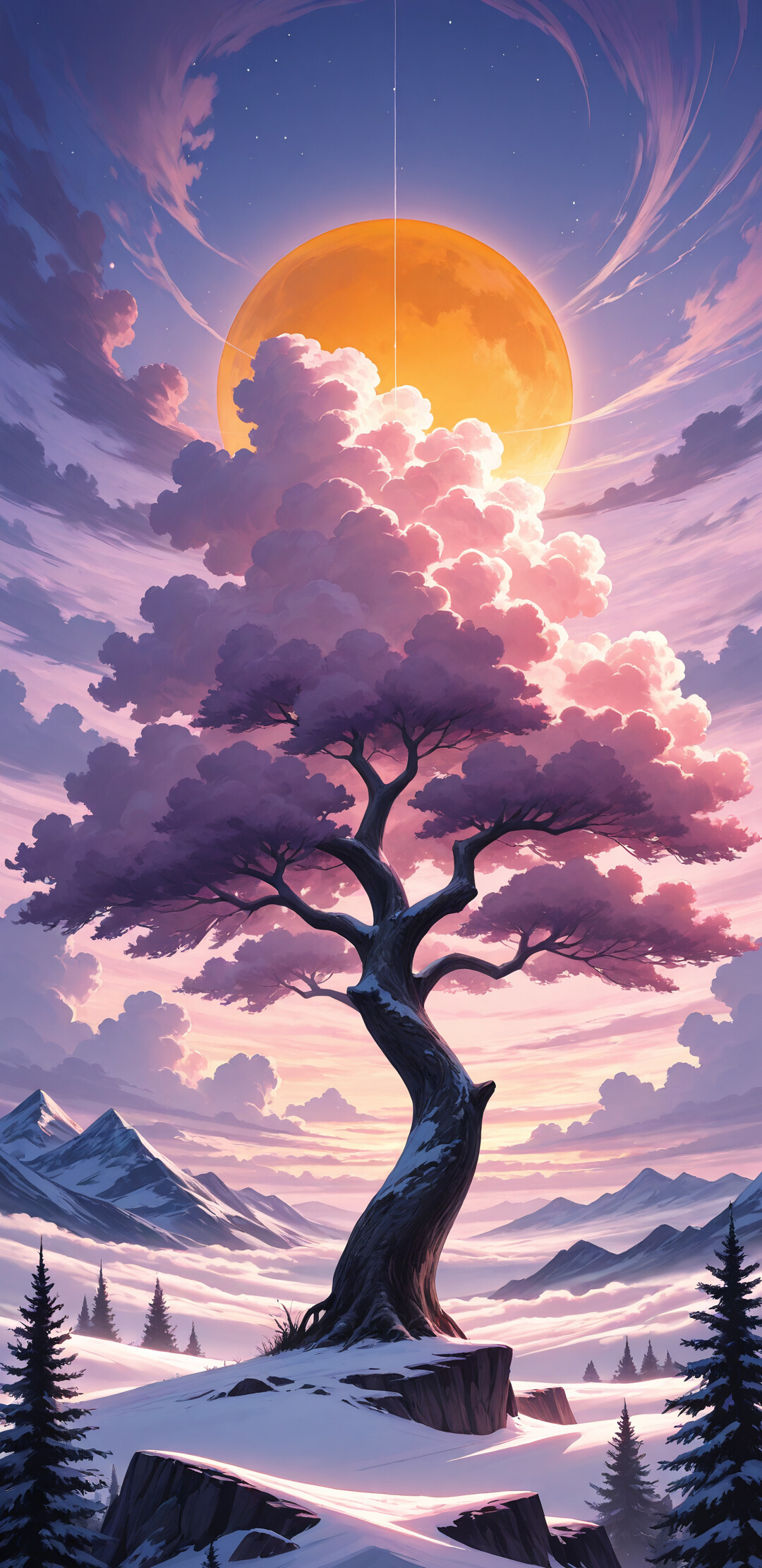 A majestic pine tree silhouetted against a vibrant purple and pink sunset sky, standing on a snowy cliff overlooking a mountain range with a bright star and celestial light trails above.