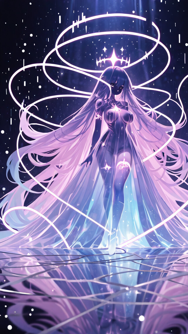 An anime-style celestial woman with long lilac hair, galaxy-patterned skin, and a starry halo, interacting with a floating holographic keyboard in a cosmic, digital space.