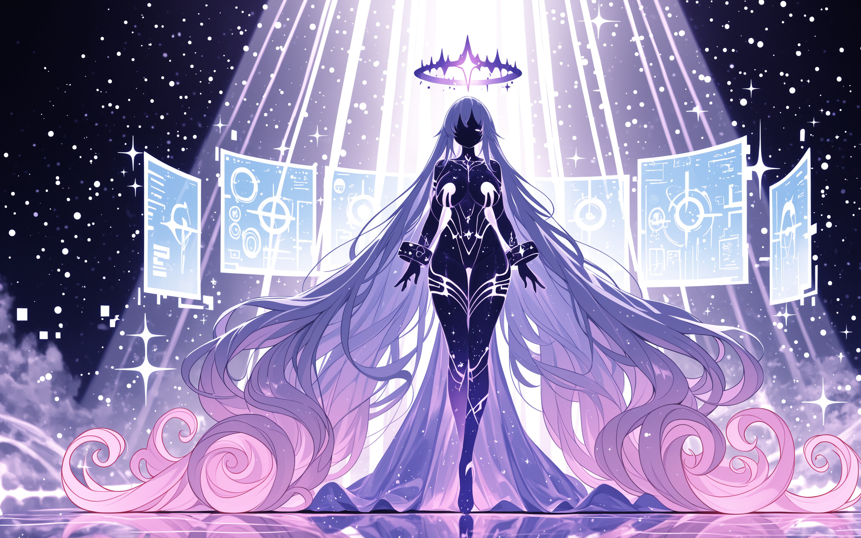 An anime-style celestial woman with long lilac hair, galaxy-patterned skin, and a starry halo, interacting with a floating holographic keyboard in a cosmic, digital space.