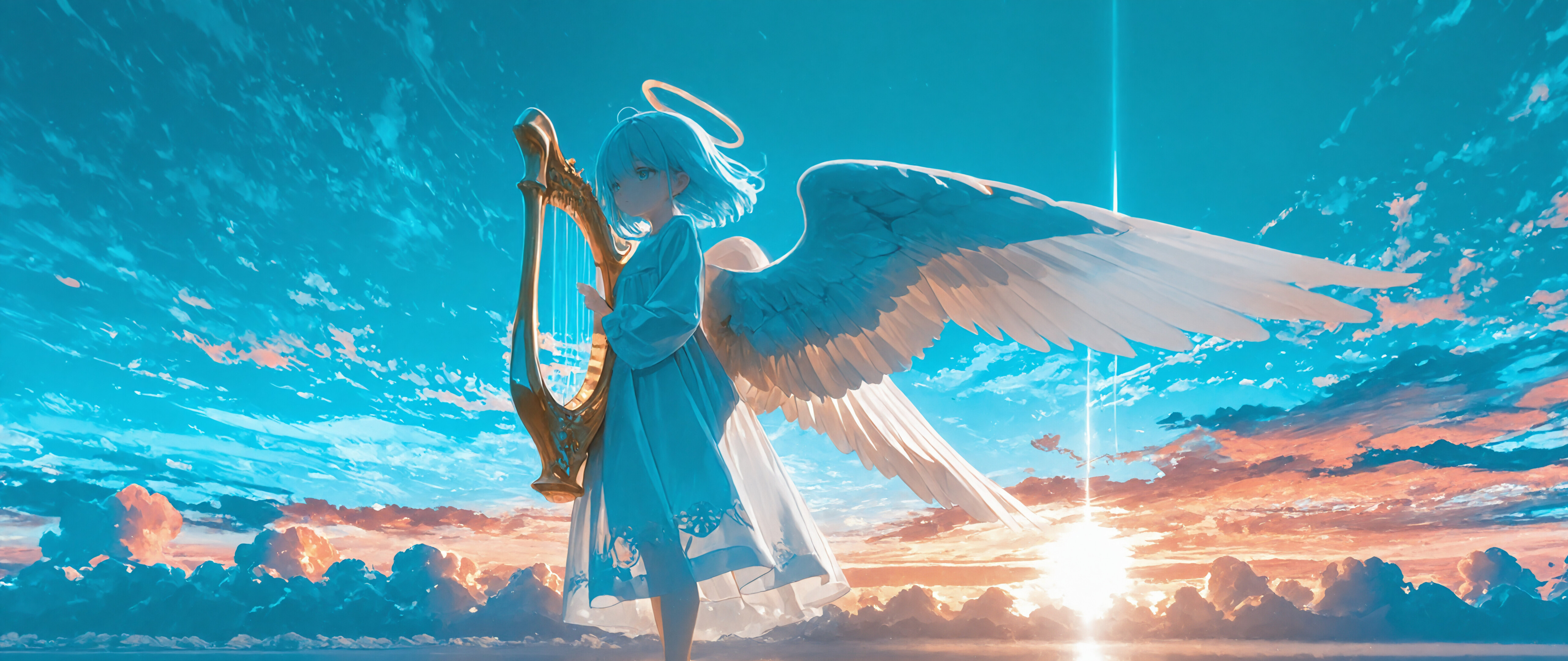 An anime angel with light blue hair, white wings, and a halo stands on clouds, holding a large golden harp against a colorful sunset sky.