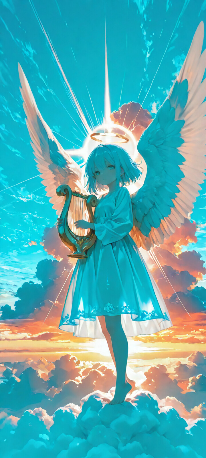 An anime angel with light blue hair, white wings, and a halo stands on clouds, holding a large golden harp against a colorful sunset sky.