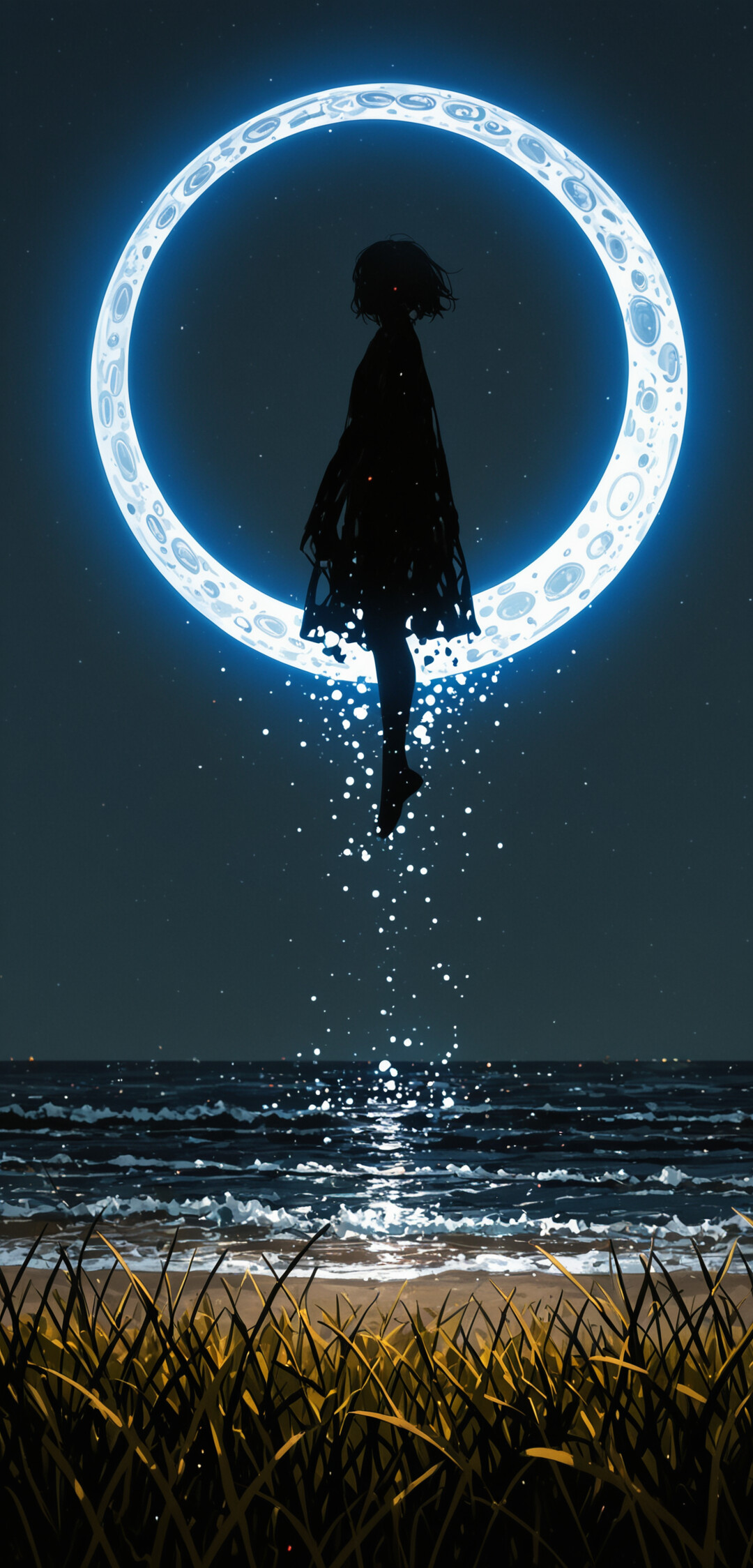 A silhouette of a person levitating in front of a giant crescent moon at night. The silhouette is exploding into black shards, and a glowing golden liquid drips from their feet onto the grassy ground below.