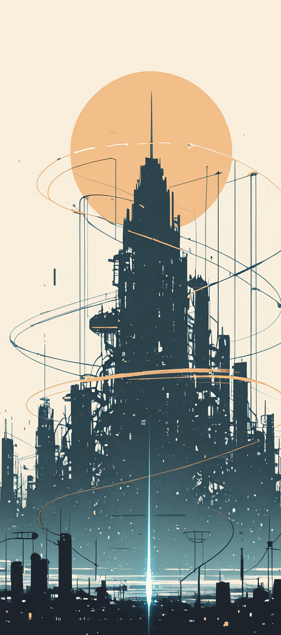 A minimalist sci-fi illustration of a futuristic city in silhouette. A giant, complex skyscraper stands in the center, seemingly connected by swirling white light trails to a large, cratered moon in the pale sky above.