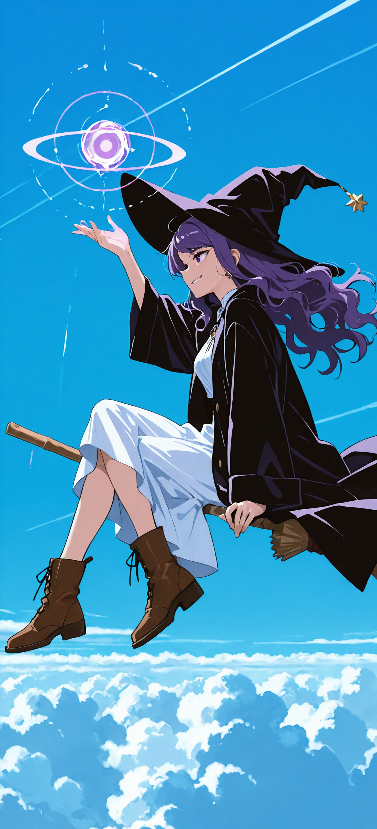 An anime-style witch with long purple hair and a black hat flies on a broomstick against a blue sky, reaching for a small orb of light with a smile.