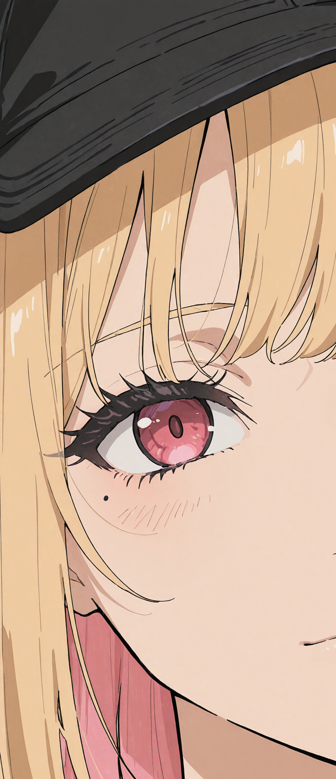 Close-up anime portrait of Marin Kitagawa from My Dress-Up Darling. She has blonde hair with pink tips, pink eyes, and is smiling while wearing a black baseball cap.