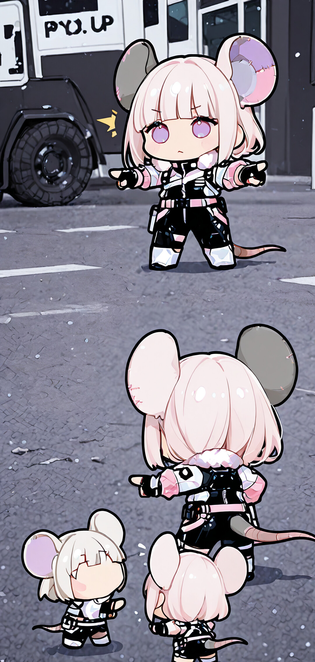 Three identical chibi anime girls with white hair and large mouse ears, dressed in black and pink futuristic outfits, stand in a circle on a snowy street and point at each other in surprise, referencing the Spider-Man meme.