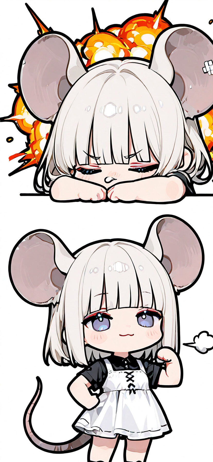 A chibi anime girl with large mouse ears and silver hair, identified as Nazrin from Touhou Project, wearing a black dress and flexing confidently in front of a fiery explosion.