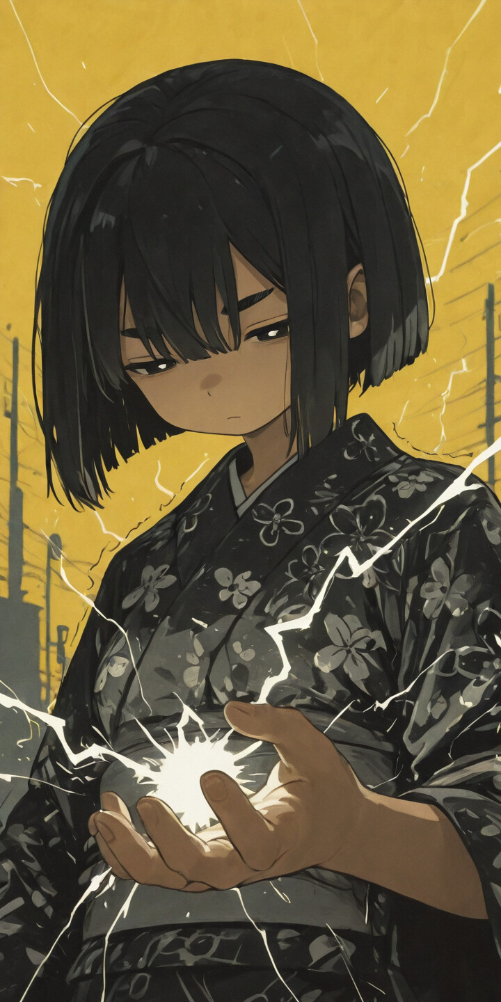 An anime girl with a black bob haircut and a somber expression, wearing a black floral kimono, holds a glowing ball of lightning in her hand against a backdrop of a large yellow sun and more lightning.