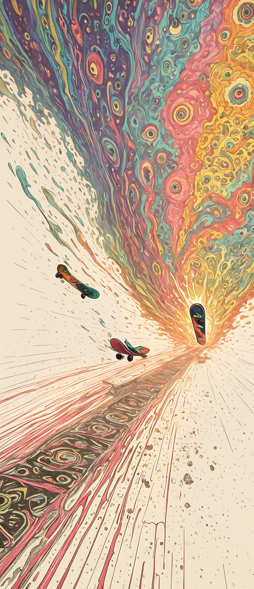 A surreal illustration of a skateboard with pink wheels at the bottom, from which a long, curving black path extends upwards, surrounded by a dynamic explosion of multicolored paint splashes against a light beige background.