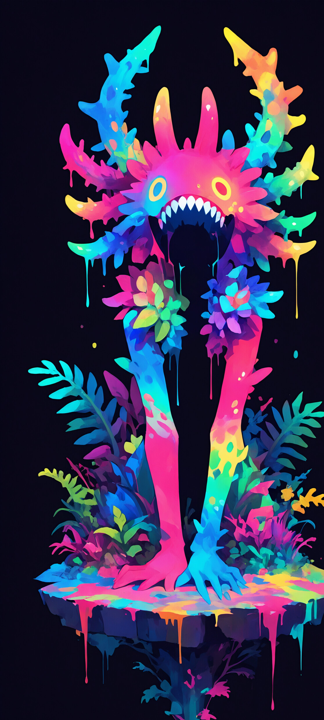 A digital illustration of a monstrous creature with a head resembling a vibrant, multi-colored flower. In place of a face, it has a large, menacing mouth filled with sharp teeth. The creature's humanoid body is covered in neon colors and is surrounded by glowing, rainbow-hued ferns against a dark background.