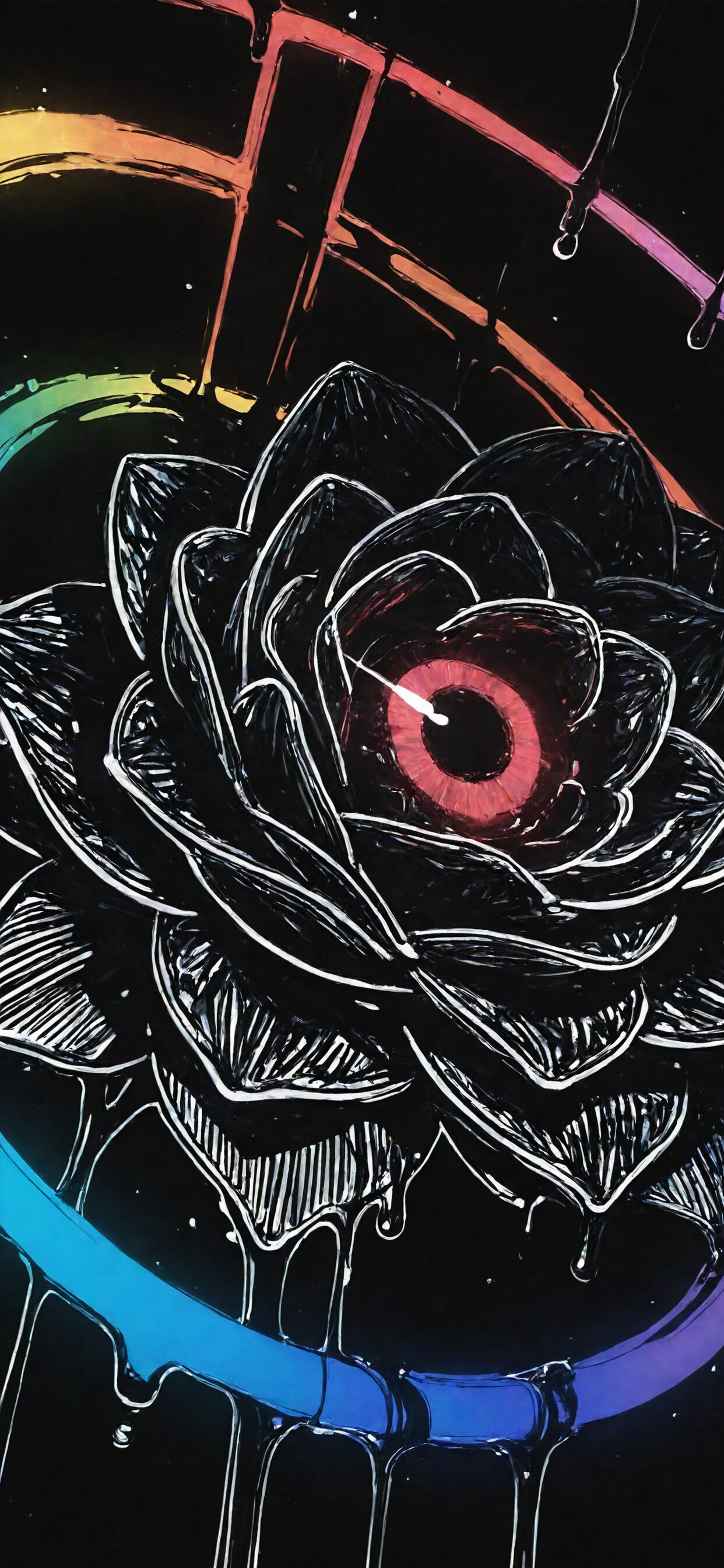 An abstract painting on a black background featuring a bright white circle at the center radiating light. This is surrounded by several spiraling rings in a rainbow gradient that look like wet, dripping paint cascading downwards.