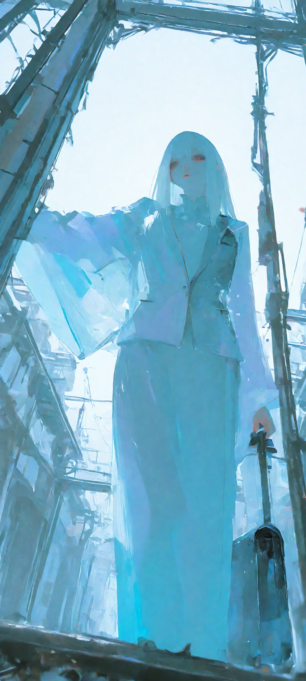 A low-angle digital painting of a woman with long white hair, identified as Cibo from Blame!, wearing a dark suit and holding a briefcase inside a massive, futuristic, and crumbling metal structure with a bright light in the background.