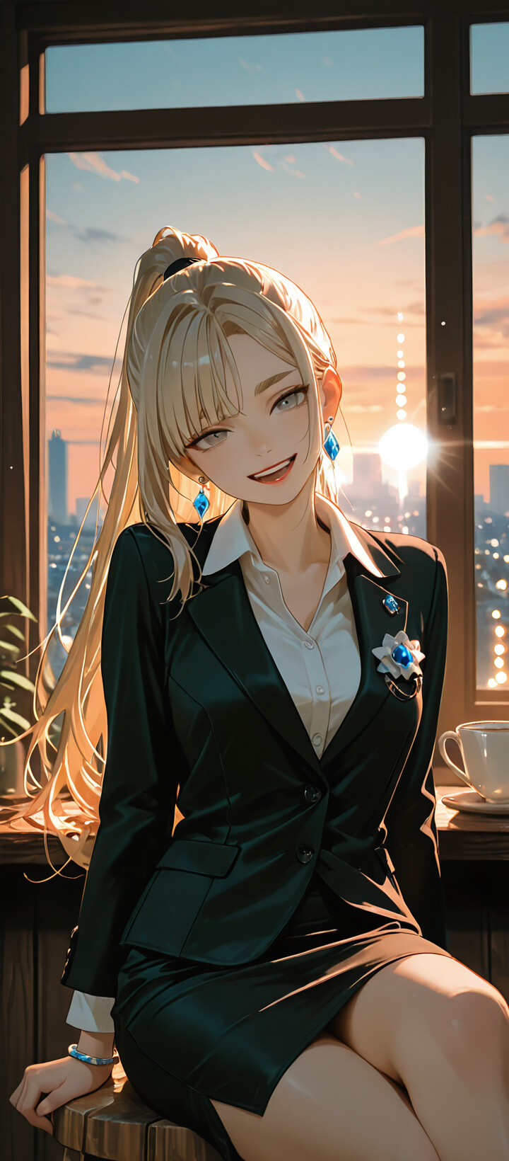 An anime illustration of a stylish blonde woman in a black business suit sitting by a window with a sunset cityscape view. She is smiling at the viewer, and a coffee cup is on the windowsill.