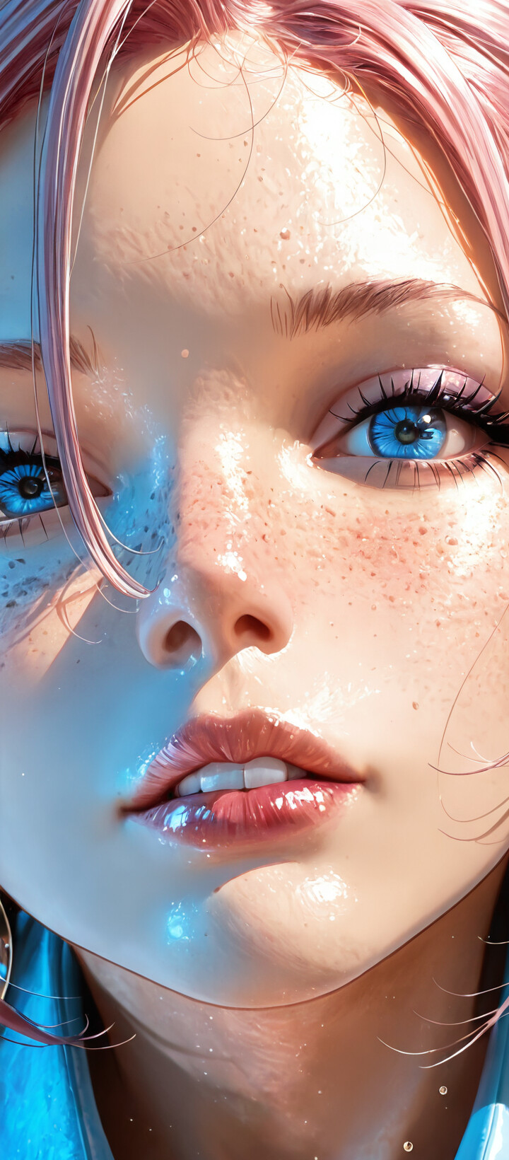 A close-up digital illustration of a woman's face with detailed eyes, glossy metallic makeup, and vibrant colors.