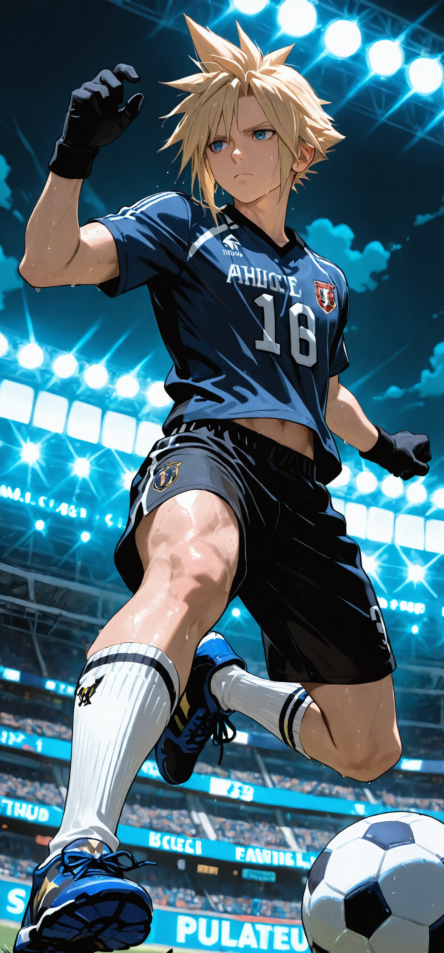 An anime-style illustration of Cloud Strife from Final Fantasy VII as a soccer player, jumping in mid-air inside a brightly lit stadium at night, holding a soccer ball.
