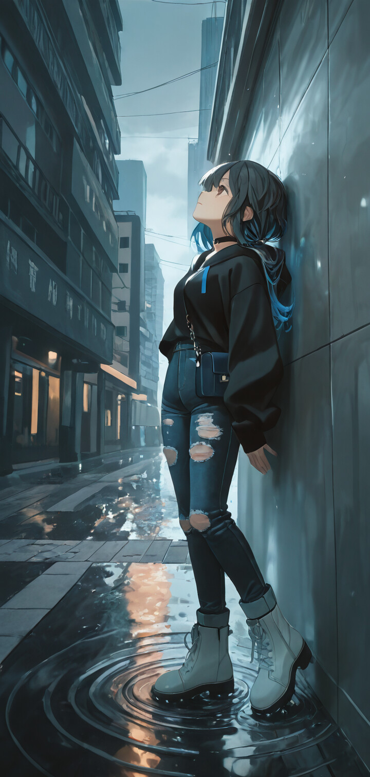 An anime girl with short black hair and blue highlights leans against a wall in a wet city alley. She is wearing a black hoodie, ripped jeans, and boots, and is standing in a puddle while looking up.