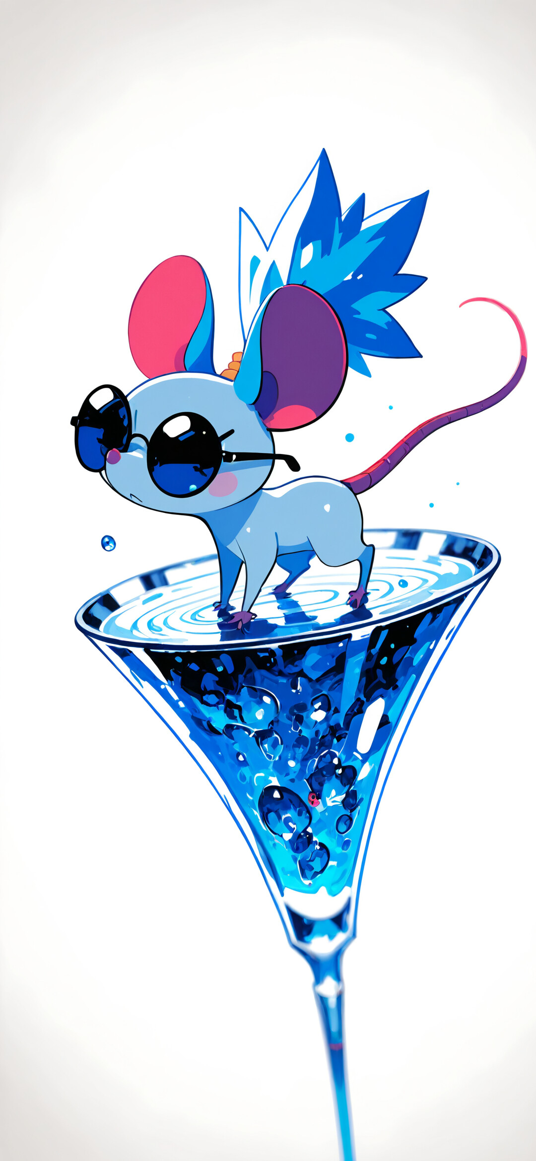 An anthropomorphic white mouse girl with red-tipped ears, wearing sunglasses, a shiny black bodysuit, and red gloves, jumping in the air against a plain light background.