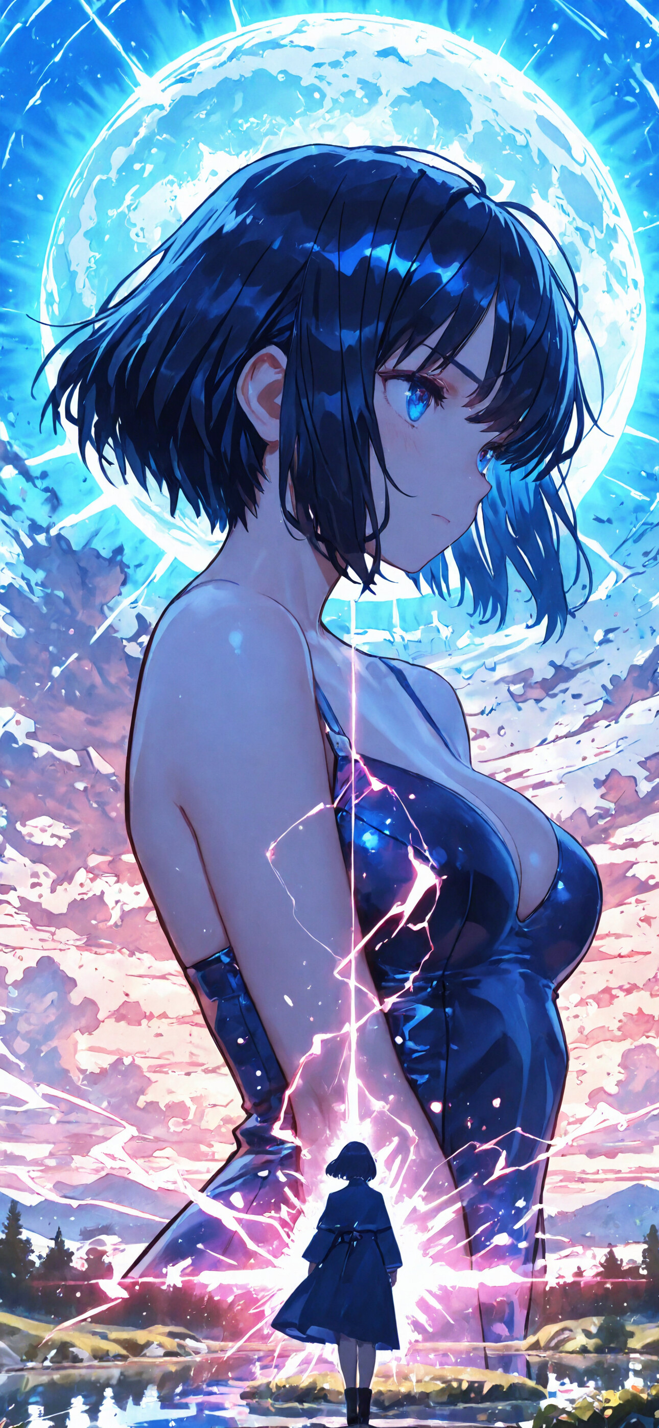 An epic anime artwork of a giant Rikka Takarada from SSSS.Gridman in a futuristic bodysuit. She stands before a massive celestial portal, her form reflected in a pond where a small, cloaked figure watches.