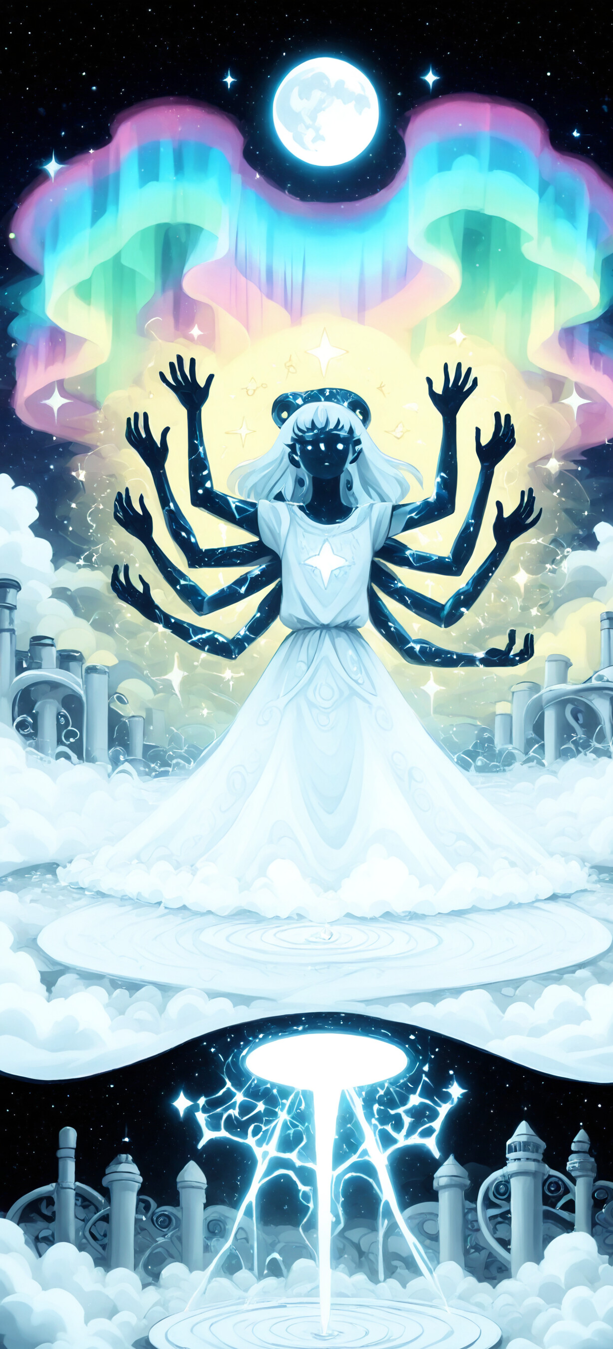 An anime-style illustration of a celestial, multi-armed goddess resembling Princess Peach, floating in space under an aurora borealis and a full moon, creating a miniature city below her.