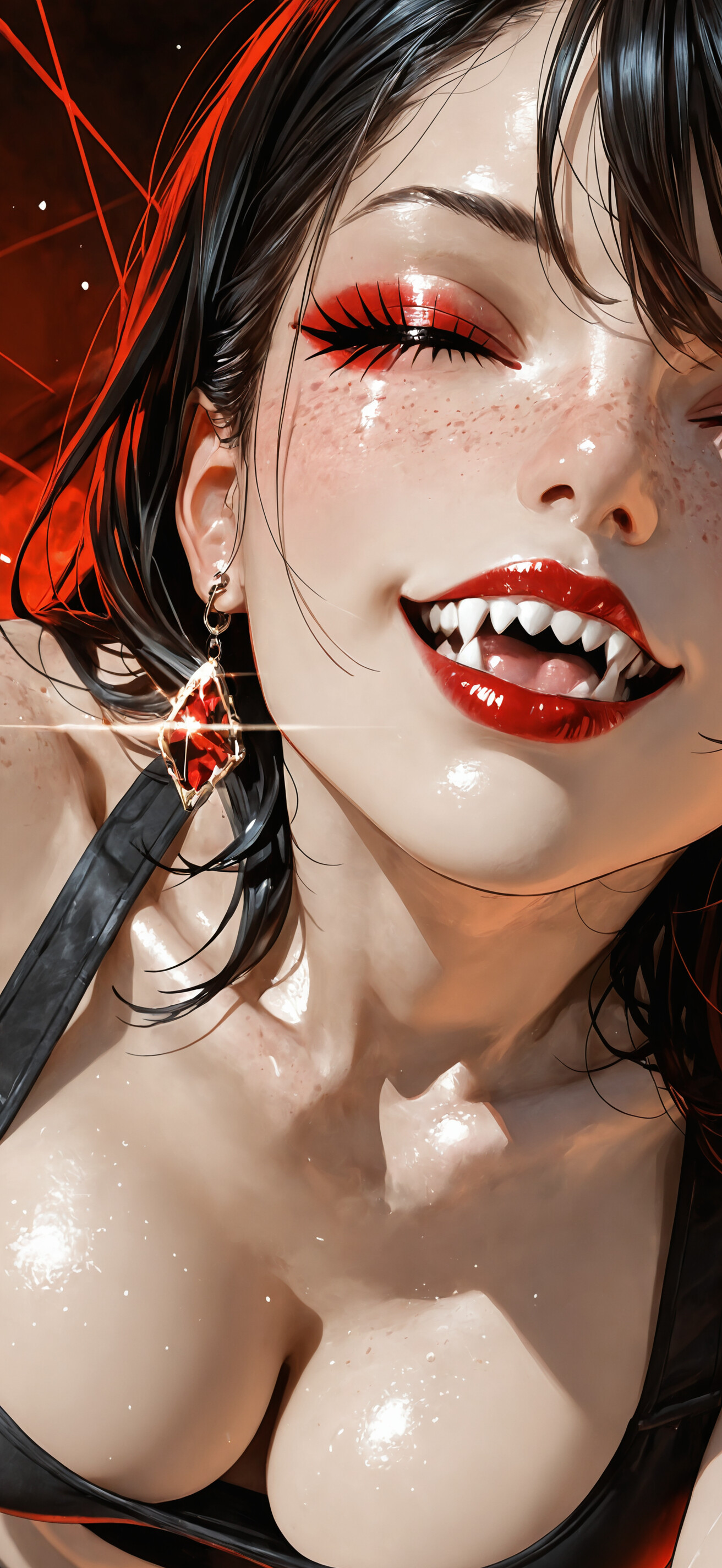 A close-up digital illustration of a beautiful vampire woman with dark hair and freckles. Her eyes are closed, showing off her red eyeshadow, and she has a wide, happy smile that reveals sharp fangs and red lipstick. She is wearing sparkling red gemstone earrings against a bright red background.