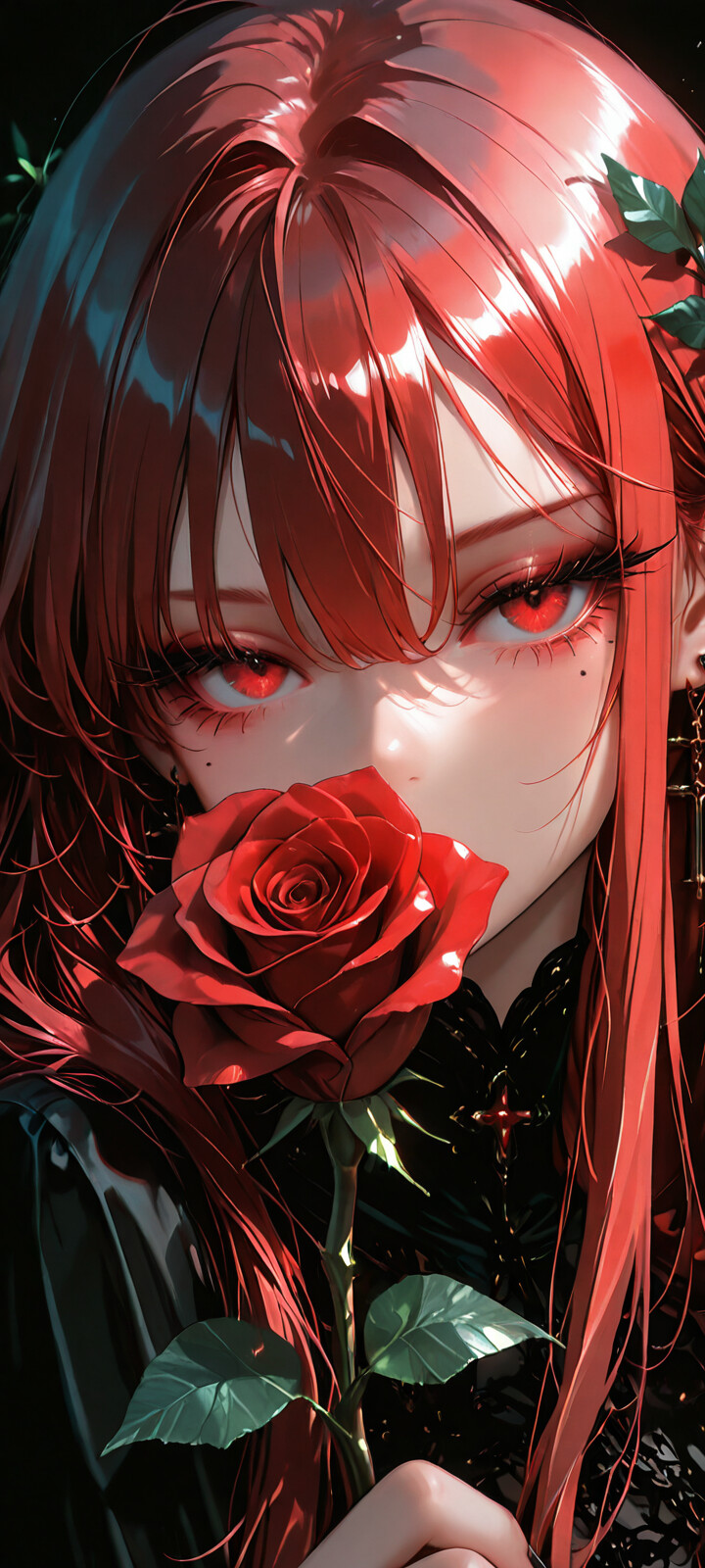 An anime-style illustration of a girl with long red hair and glowing red eyes. She is holding a red rose up to her face, covering her mouth, and is wearing black clothes and cross earrings against a dark background.