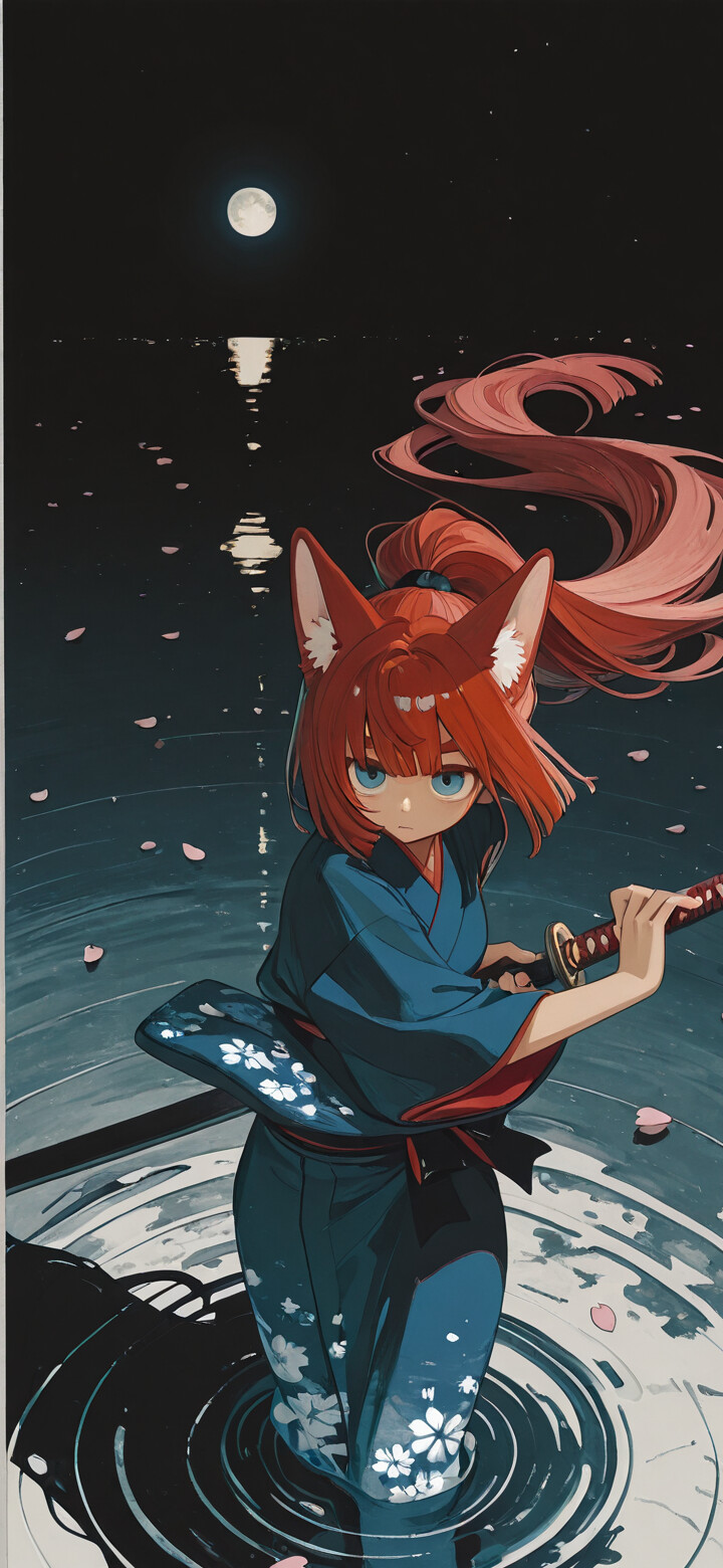An anime-style fox girl with red hair in a high ponytail stands in water at night. She wears a blue kimono and holds a katana under a full moon, with sakura petals floating around her.