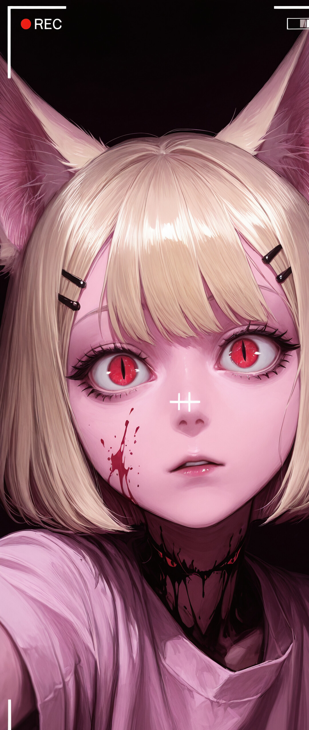 A close-up illustration of a cat girl with short blonde hair, pink furry ears, and intense red eyes. She is framed by a camera viewfinder and has blood splattered on her cheek and neck, staring directly at the viewer against a dark background.