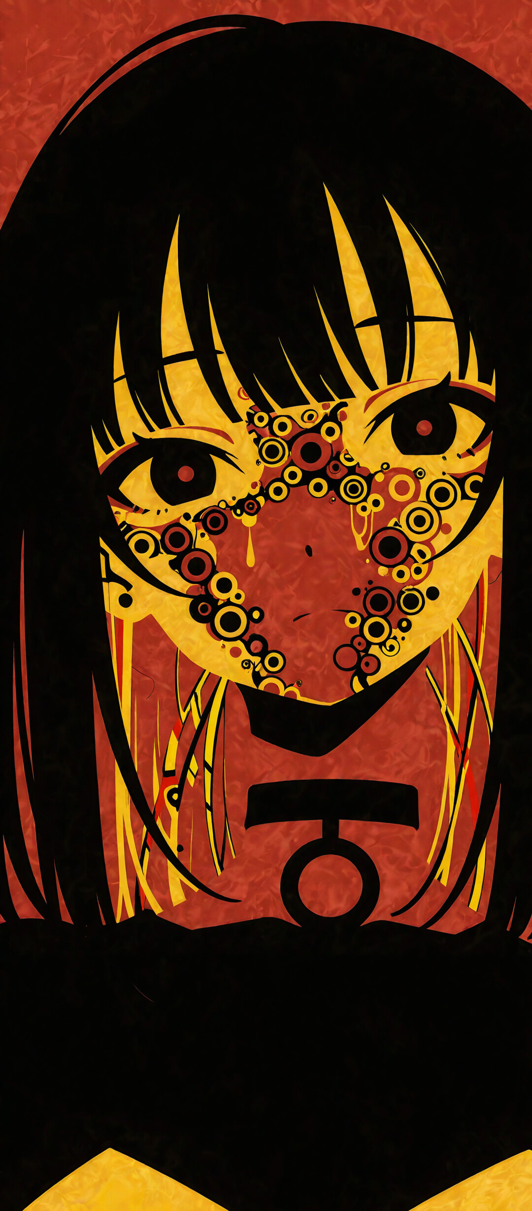 A stylized digital illustration of a woman with red skin, long black hair, and large dark eyes. She has yellow and black floral patterns on her cheeks and wears a black choker. The background is red with a golden halo-like pattern behind her head.