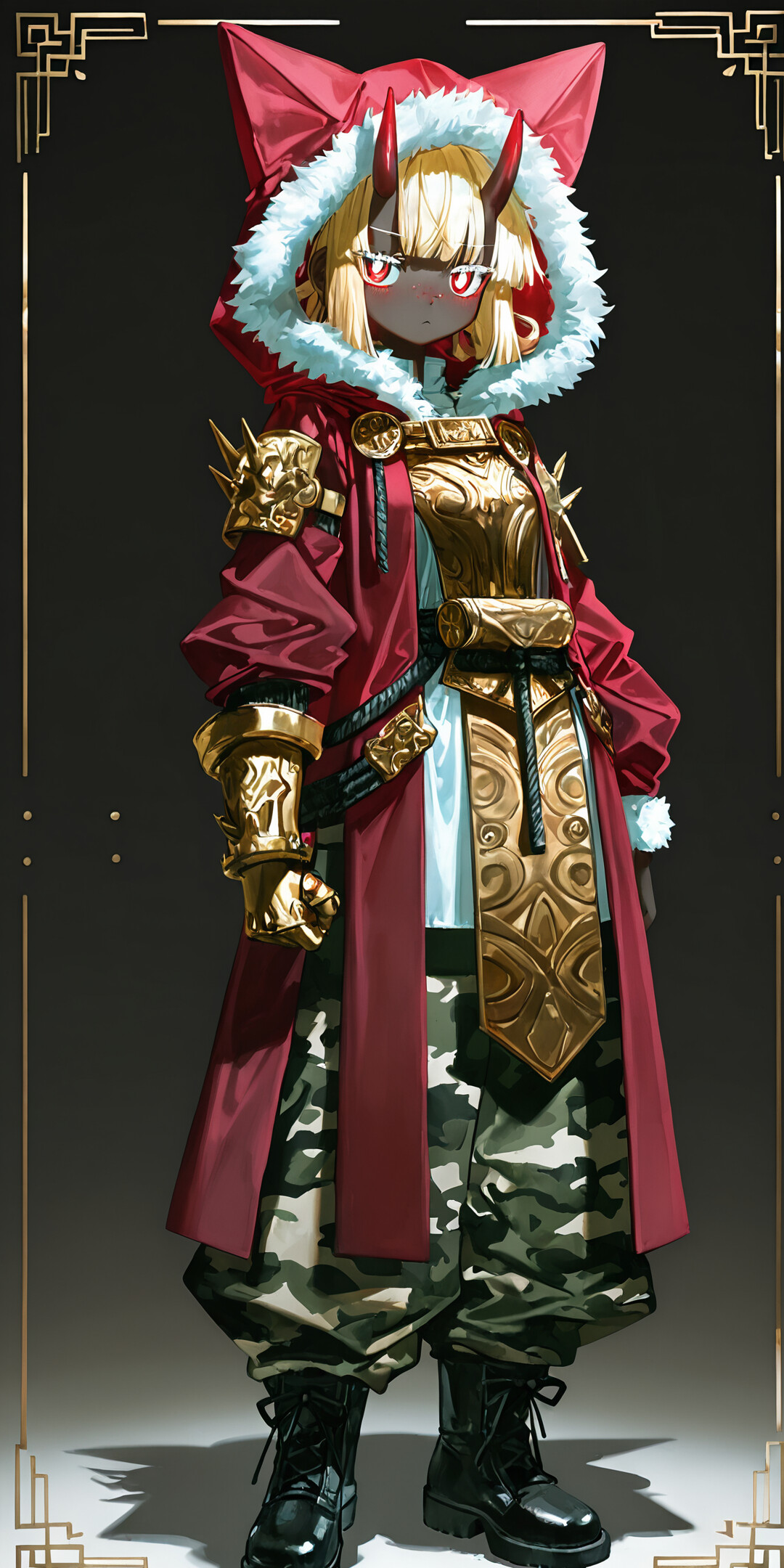 A full-body illustration of an anime girl with blonde hair, dark skin, and glowing red eyes. She wears a red hooded cloak with cat ears, black and gold armor, camouflage pants, and black boots, while holding a large sword.