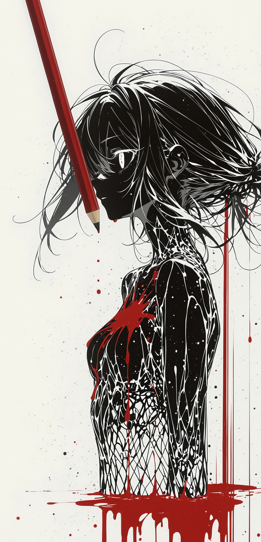 An abstract minimalist artwork on a white background. A large, vibrant red splatter forms a cross shape in the center, with thin red and black lines radiating out like a starburst. The red liquid drips down from the center, forming a pool at the bottom.