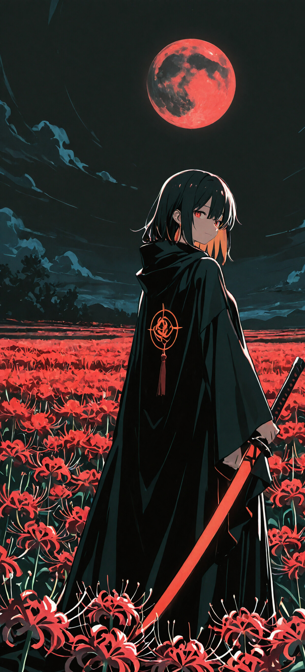 An anime girl with black hair and a black cloak holds a red katana while standing in a field of red spider lilies under a large, red, ring-shaped moon.