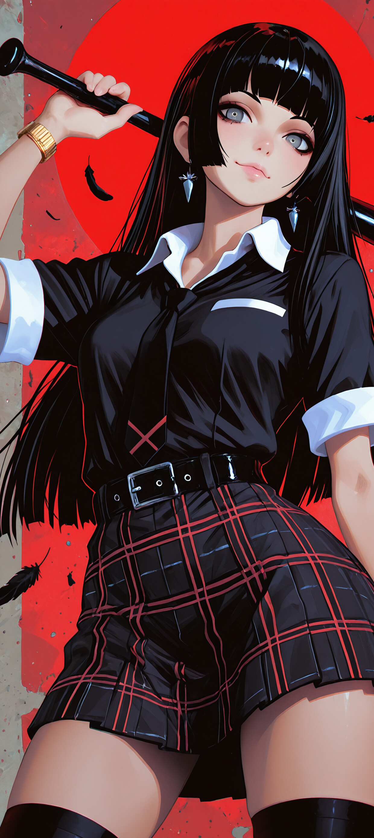 A stylish anime girl with long black hair and grey eyes holding a baseball bat over her shoulder. She is wearing a black shirt, a red and black plaid skirt, and smiling against a red background with floating black feathers.