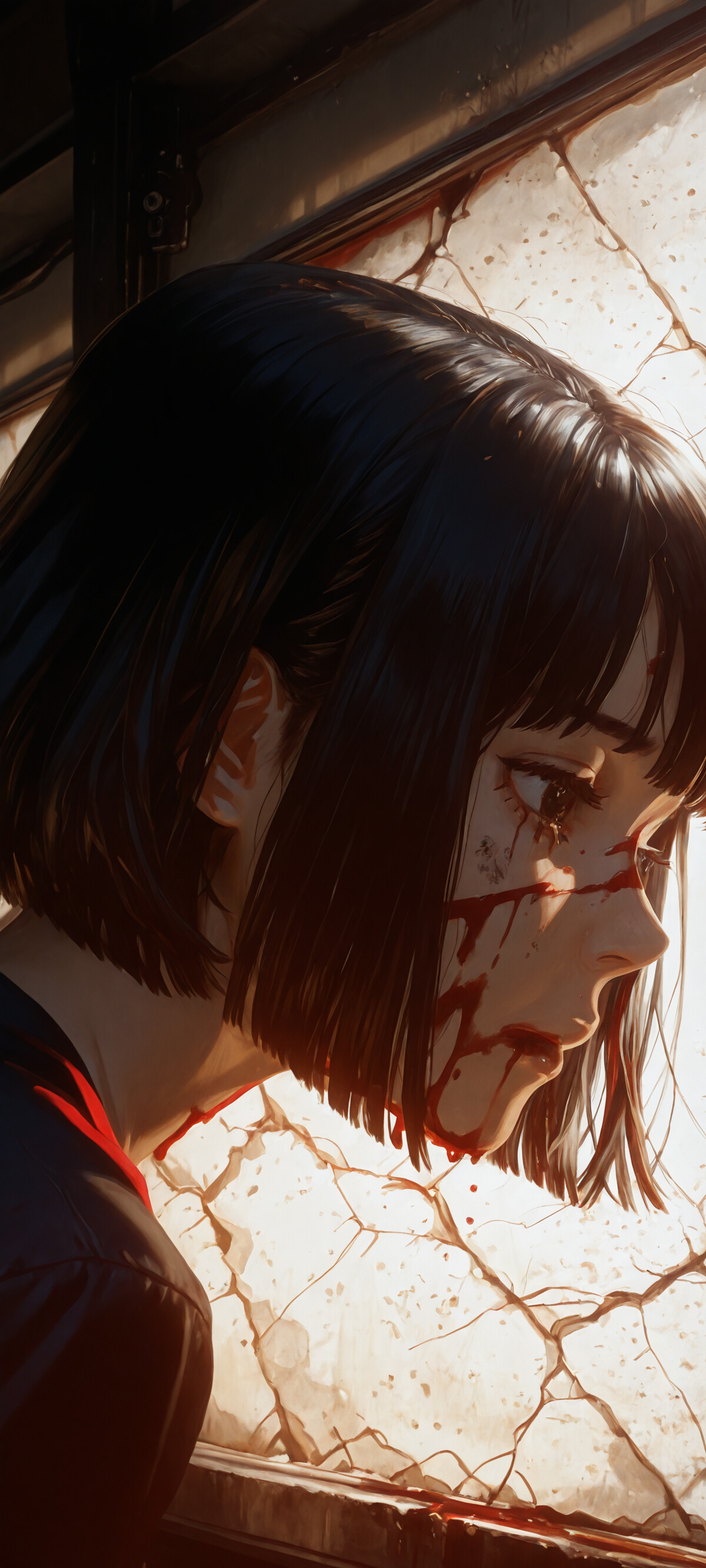 A close-up profile portrait of a young woman with a black bob and blood running down her face, standing in front of a cracked wall and a shattered window.