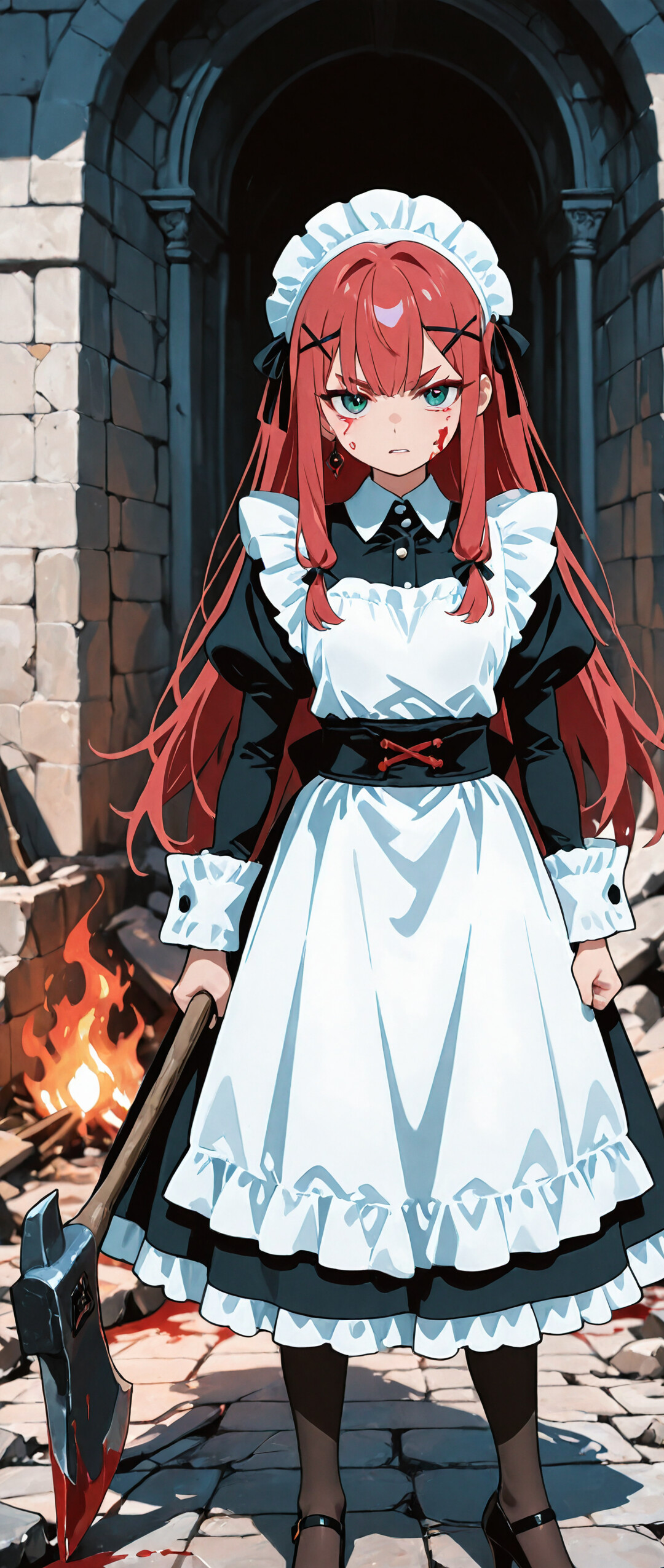 An anime-style illustration of a maid with long red hair and green eyes kneeling in a destroyed village. She holds a bloody axe and has a fierce expression, with blood on her face and a small fire nearby.