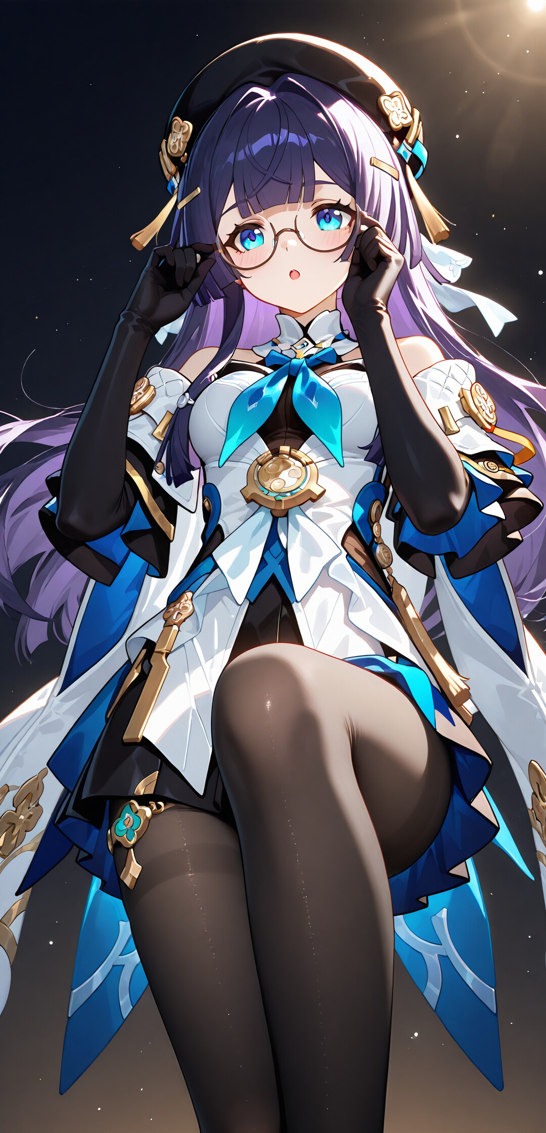 An anime-style illustration of Pela from Honkai: Star Rail, a young woman with long purple hair and blue eyes, adjusting her round glasses. She is wearing a black beret and a white and blue uniform, sitting against a dark starry background.