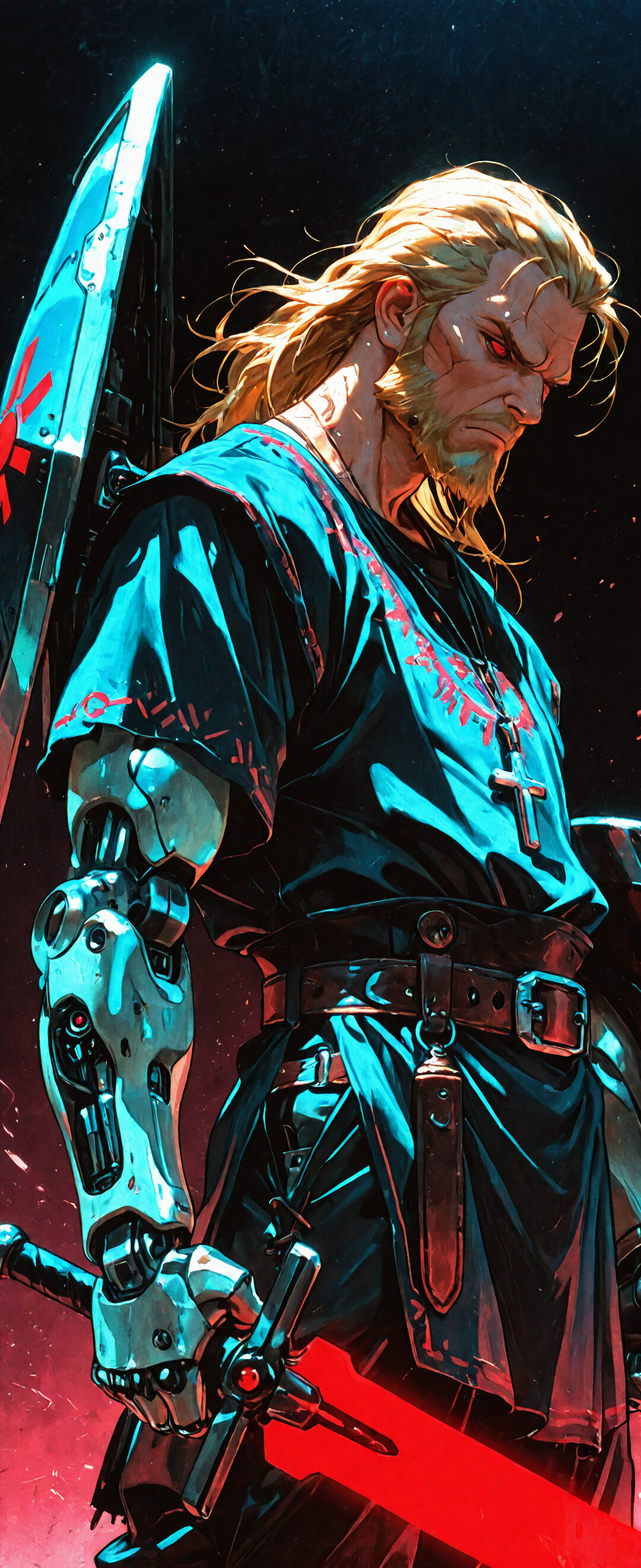 A digital illustration of a blonde-haired male warrior with a beard and glowing red eyes, depicted as a cyberpunk version of Askeladd from Vinland Saga. He wears a dark tunic with a cross necklace and holds a red energy sword and a blue shield.