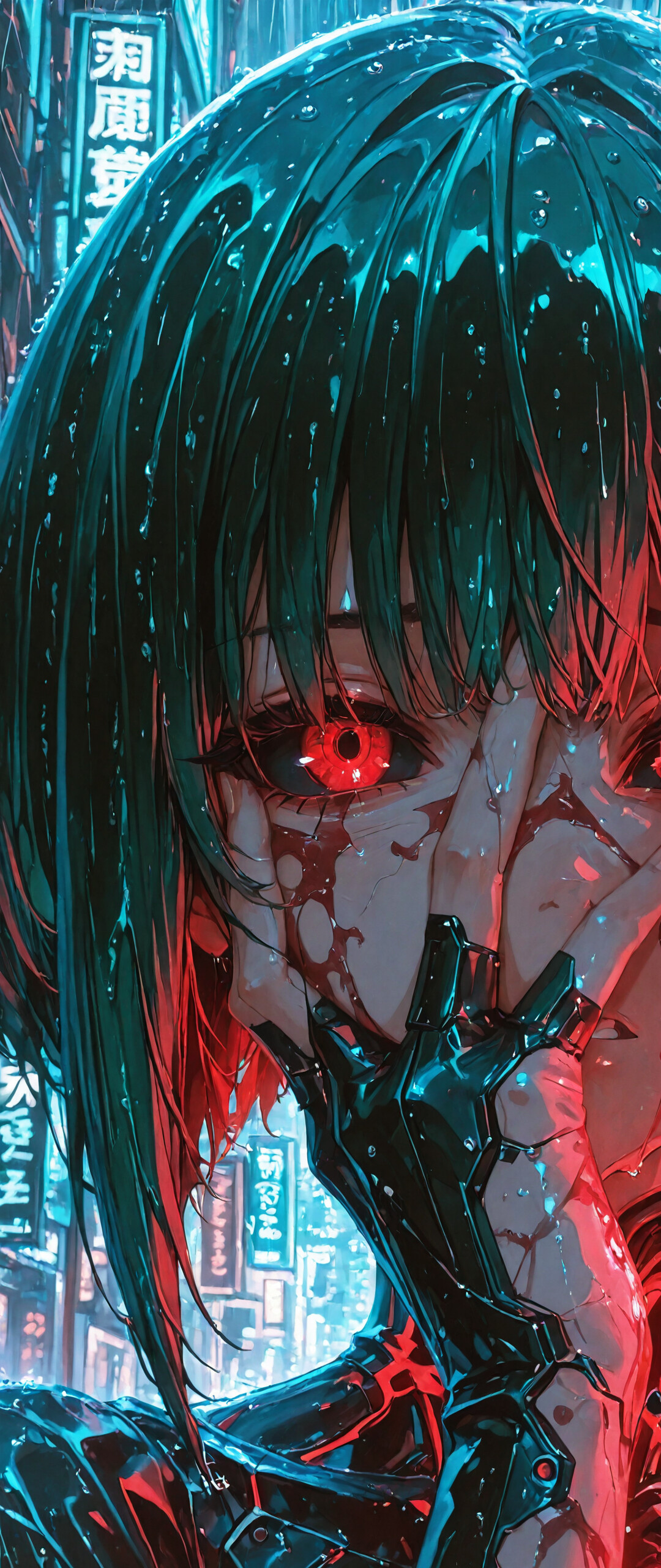 A close-up illustration of a distraught anime-style girl with short green hair and glowing red eyes in a rainy cyberpunk city. She is covering her blood-stained face with her hands, looking through her fingers.