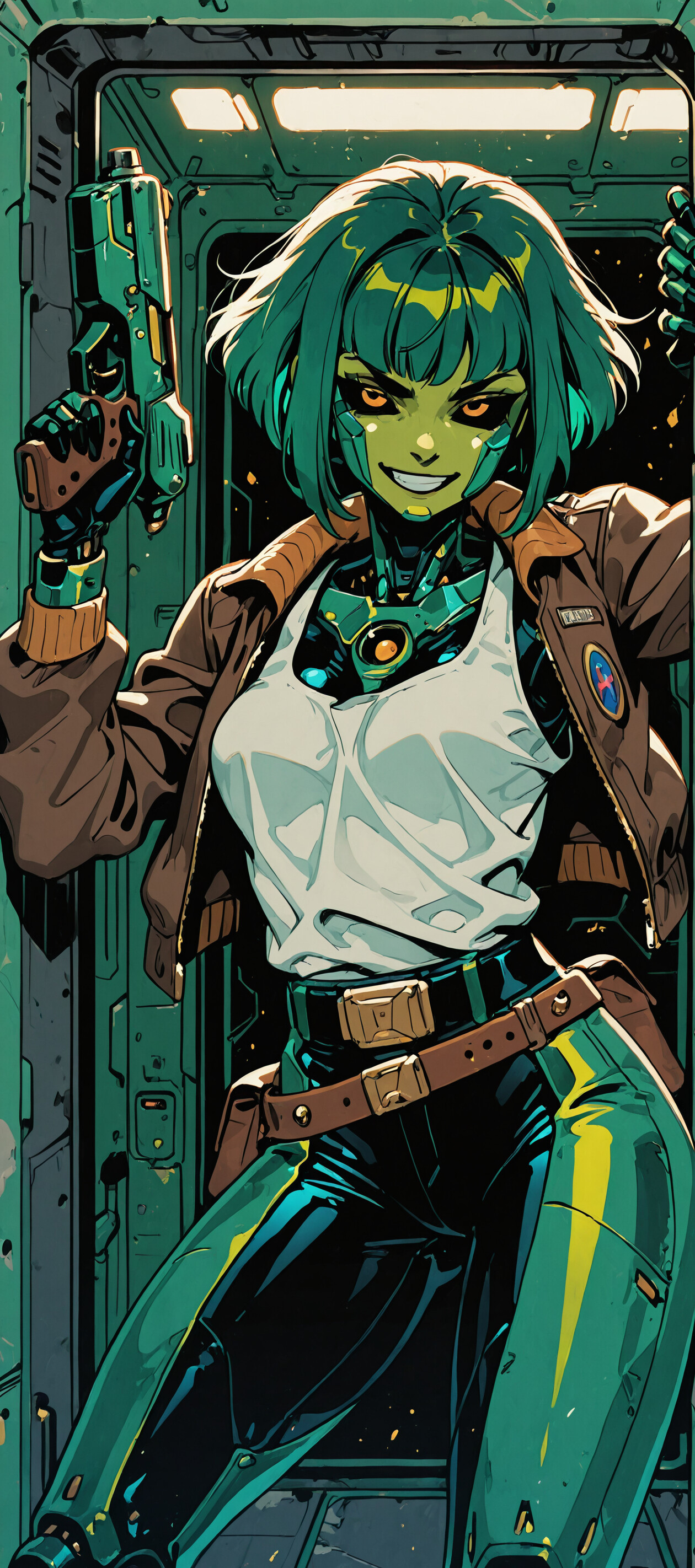 A female cyborg with short green hair and green skin, wearing a brown bomber jacket and black pants, smiles as she poses in a spaceship doorway holding a sci-fi pistol.
