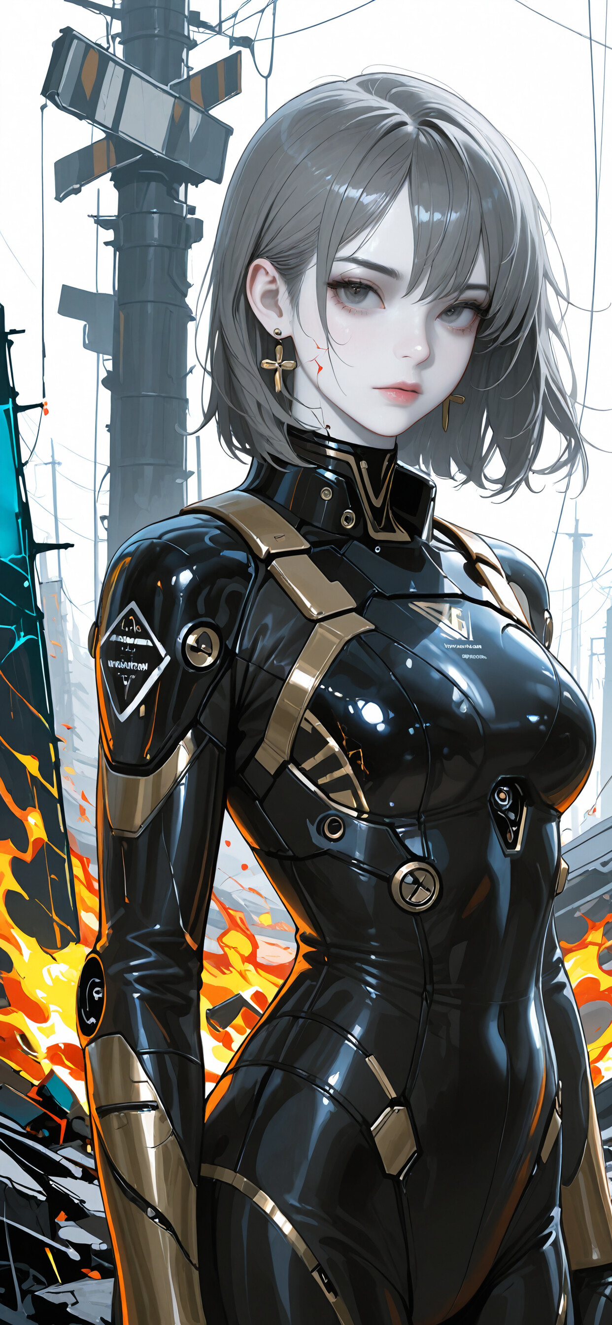 A young woman with gray hair in a futuristic black and gold combat suit stands in the middle of a burning, ruined landscape with destroyed towers in the background.