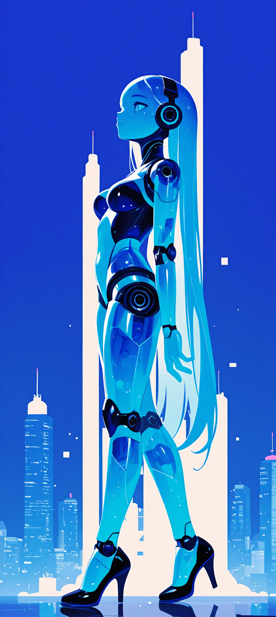 A full-length, side-view illustration of a female android with long white hair, a transparent blue body, and cat-ear headphones, walking past a futuristic pink and blue cityscape at night.