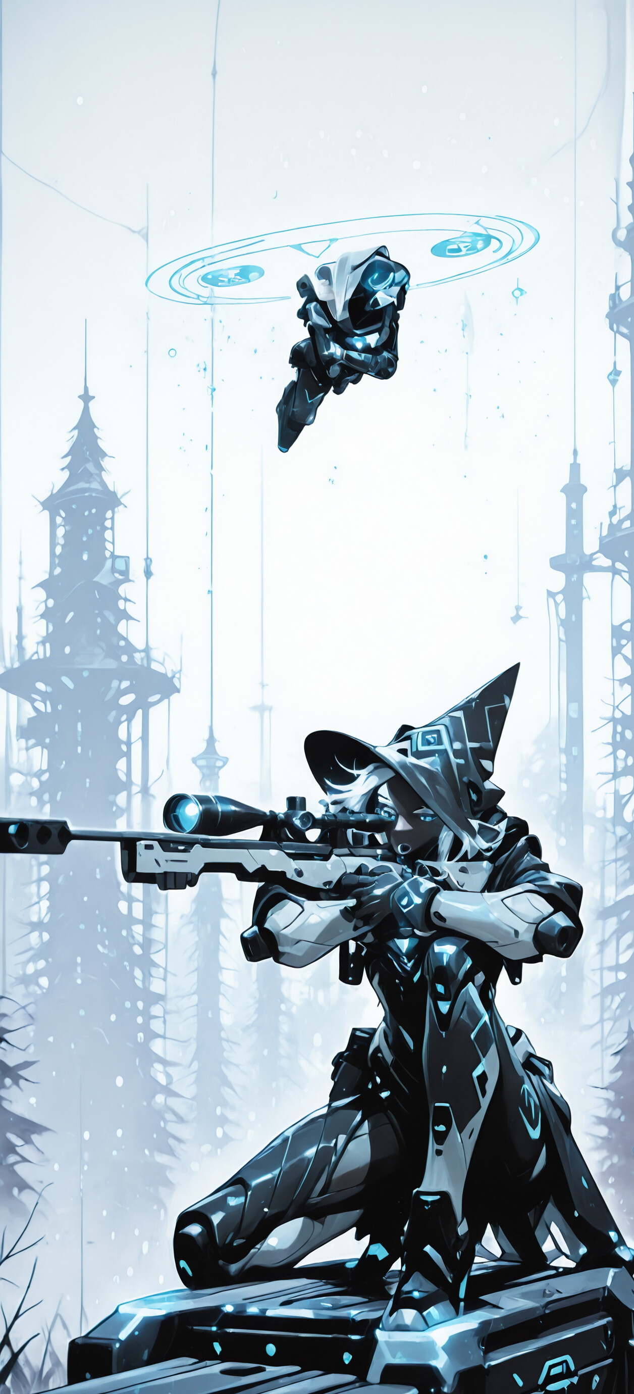 An anime-style illustration of a female cybernetic witch kneeling on a platform, aiming a large sniper rifle. She wears a futuristic pointed hat and a dark bodysuit, with a small floating drone next to her and a foggy, futuristic city in the background.